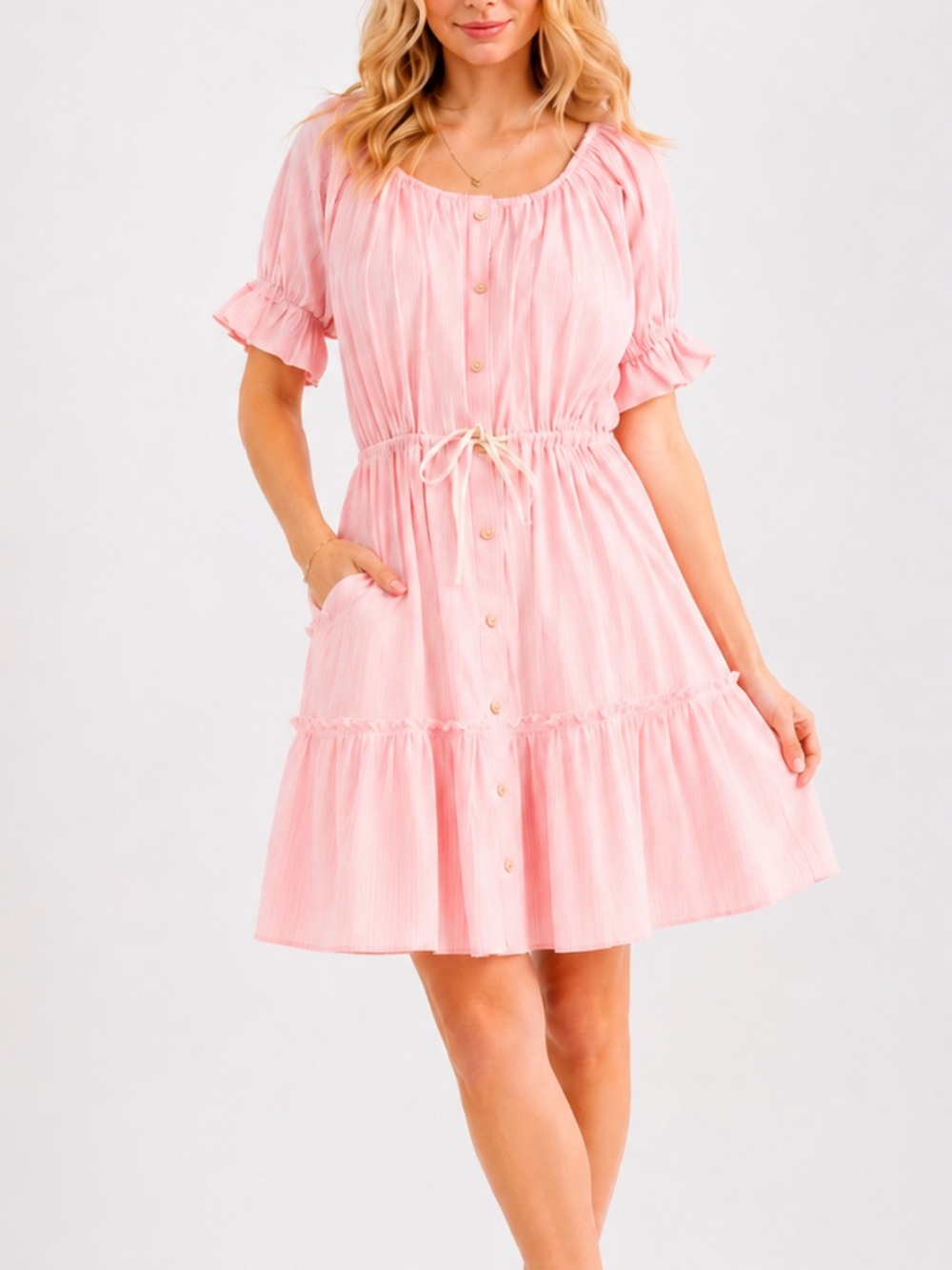D153 Striped Pink Cotton Blend Midi Dress Puff Sleeve w Pockets